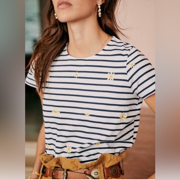 Sezane Tops - Sézane Evan Striped Daisy Embroidered T-Shirt 100% Cotton Luxury Designer Sz S